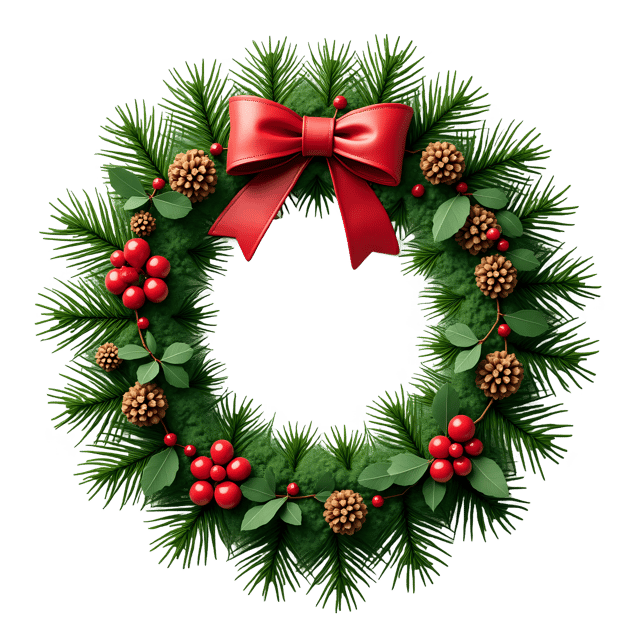 Free transparent PNG: Cheerful Christmas Wreath PNG with Evergreen Branches, Holly Berries, and Pine Cones