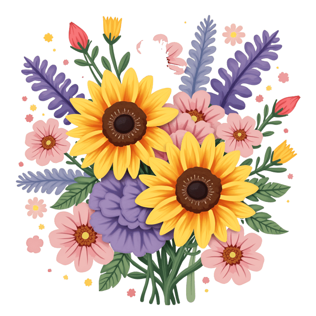 Free transparent PNG: Sunflowers, Daisies, and Lavender Bouquet Watercolor Illustration with Whimsical Cute Style