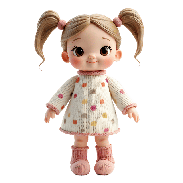 Free transparent PNG: Knitted Doll PNG with White Polka-Dot Dress and Pigtails
