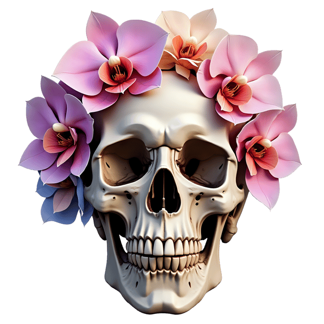 Free transparent PNG: Exquisite Floral Skull with Blooming Orchids and Hydrangeas in Pastel Shades