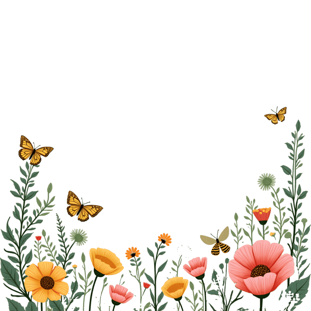 Free transparent PNG: Whimsical Floral Border with Butterflies and Bees Illustration