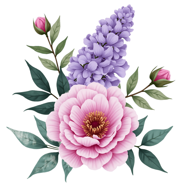 Free transparent PNG: Peony and Lilac Flowers PNG  Elegant Blossom Clipart for Decor  Crafts