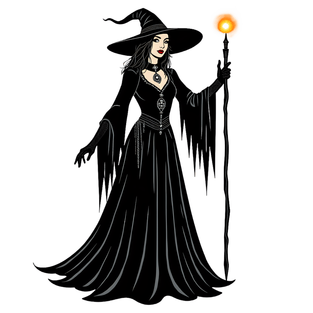 Free transparent PNG: Gothic Sorceress with Silver Moon Pendant and Glowing Staff PNG