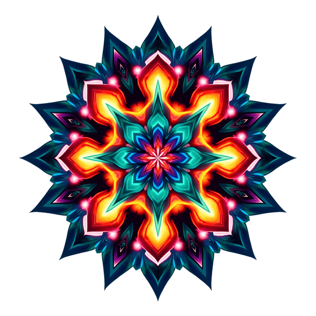 Free transparent PNG: Colorful Symmetrical Mandala Art with Mirror-like Glowing Elements on White Background