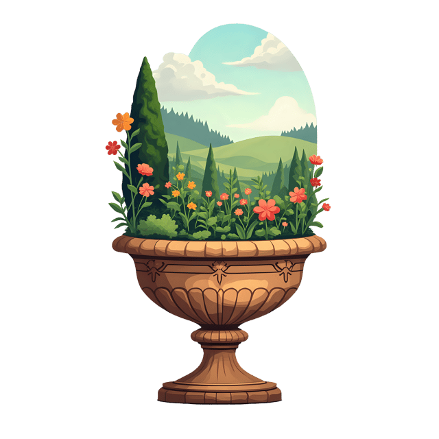 Free transparent PNG: Antique Vase with Peaceful Garden Scene PNG