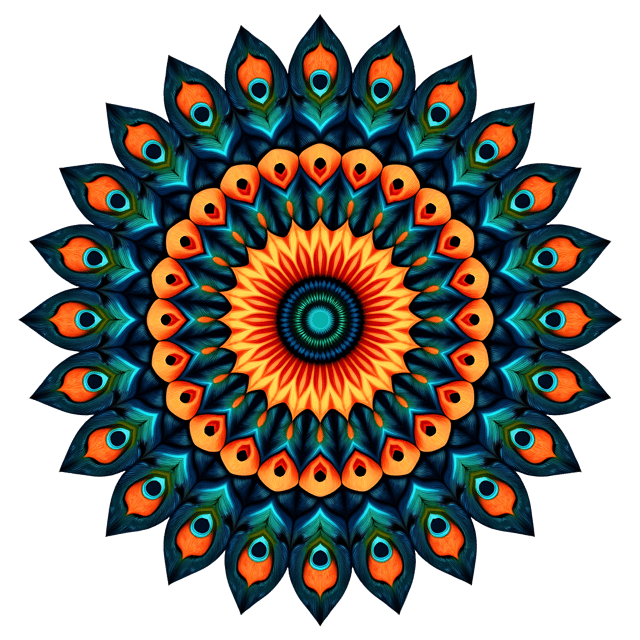 Free transparent PNG: Vibrant Peacock Feather Mandala with Circular Design on White Background
