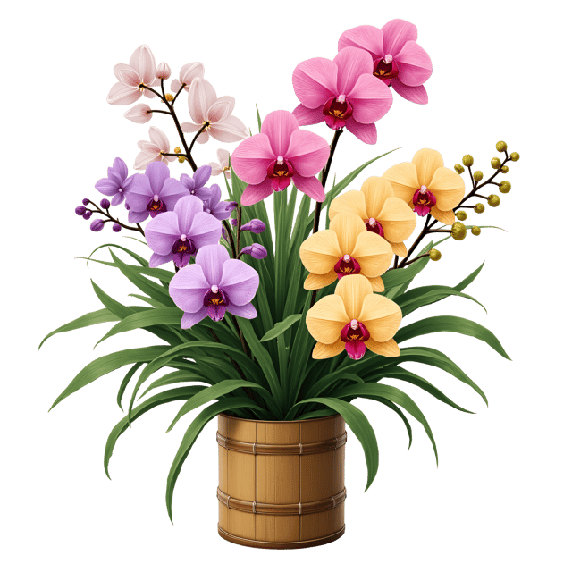 Free transparent PNG: Magnificent Orchids and Bromeliads in Bamboo Vase Clipart Illustration