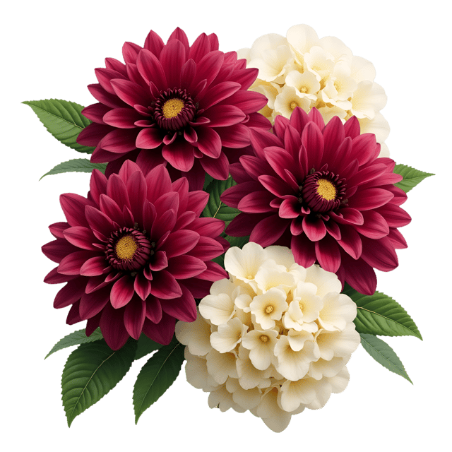 Free transparent PNG: Deep Burgundy Dahlias with Cream Hydrangeas  Floral Clipart, free downloadable png