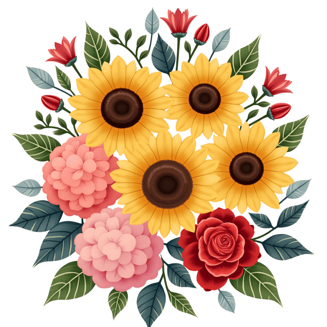 Free transparent PNG: Sunflowers, Hydrangeas, and Red Roses Watercolor Illustration