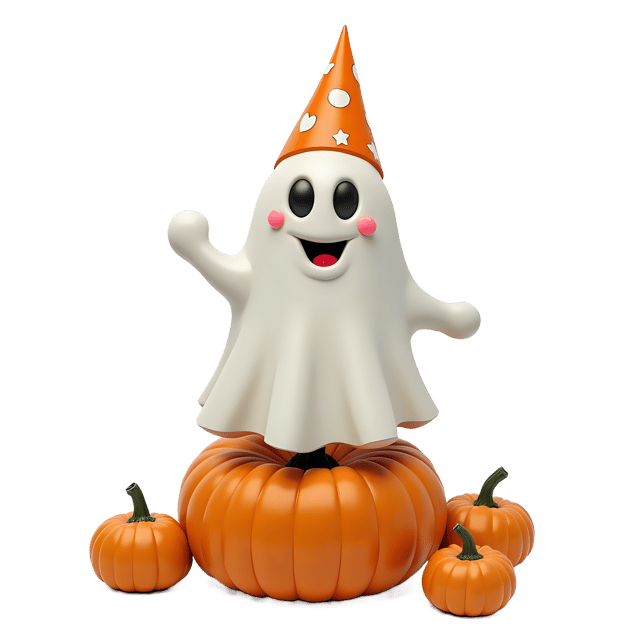 Free transparent PNG: Silly Ghost with Party Hat and Floating Pumpkin PNG
