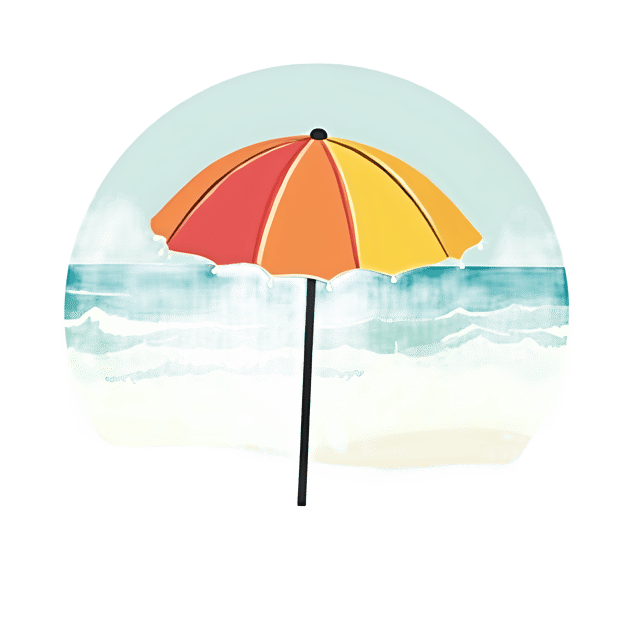 Free transparent PNG: Colorful Beach Umbrella PNG with Vibrant Stripes and Wave Backdrop