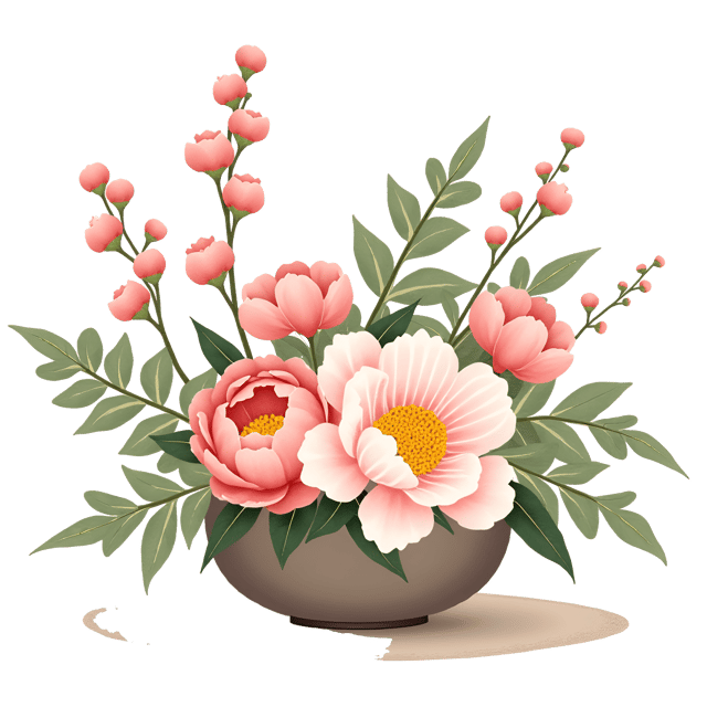 Free transparent PNG: Cherry Blossom and Peony Centerpiece Illustration in Watercolor Style