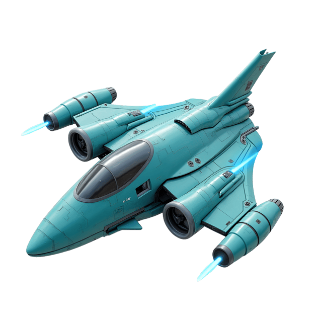 Free transparent PNG: Turquoise Spaceship with Silver Wings and Glowing Blue Lights on White Background - Realistic Illustration