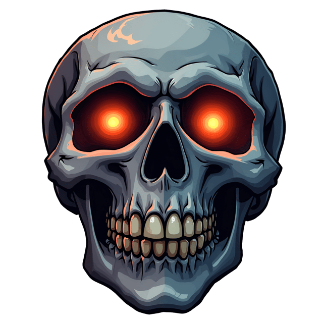 Free transparent PNG: Creepy Grinning Skull with Glowing Eyes Illustration for Halloween and Gothic Themes