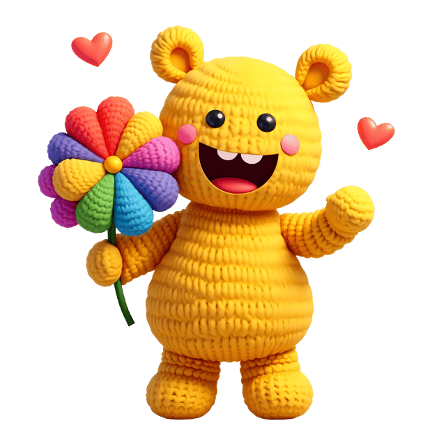 Free transparent PNG: Cheerful Yellow Knitted Doll with Rainbow Bouquet PNG