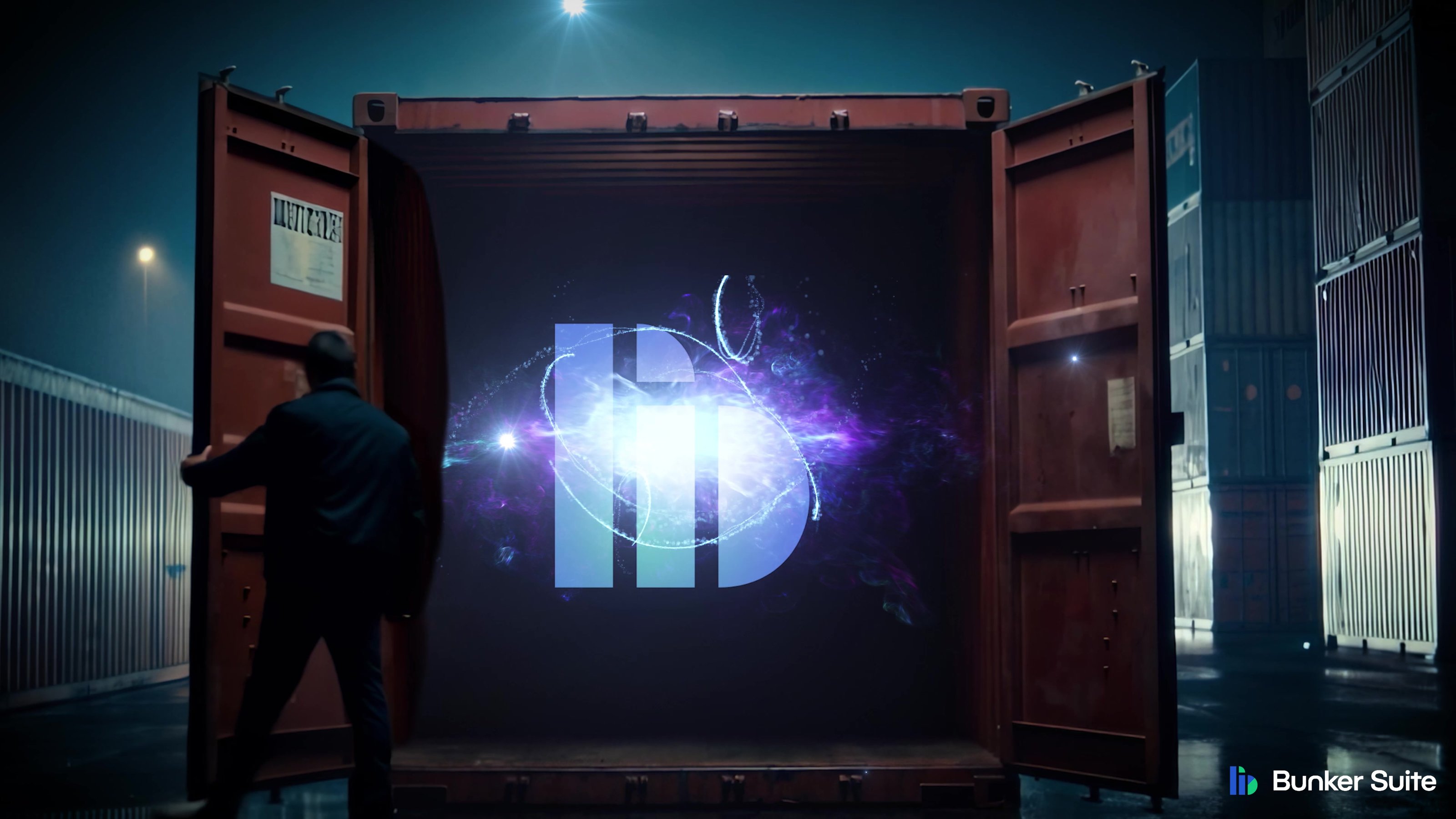 The Bunker Suite AI mark glowing inside an opened shipping container at night