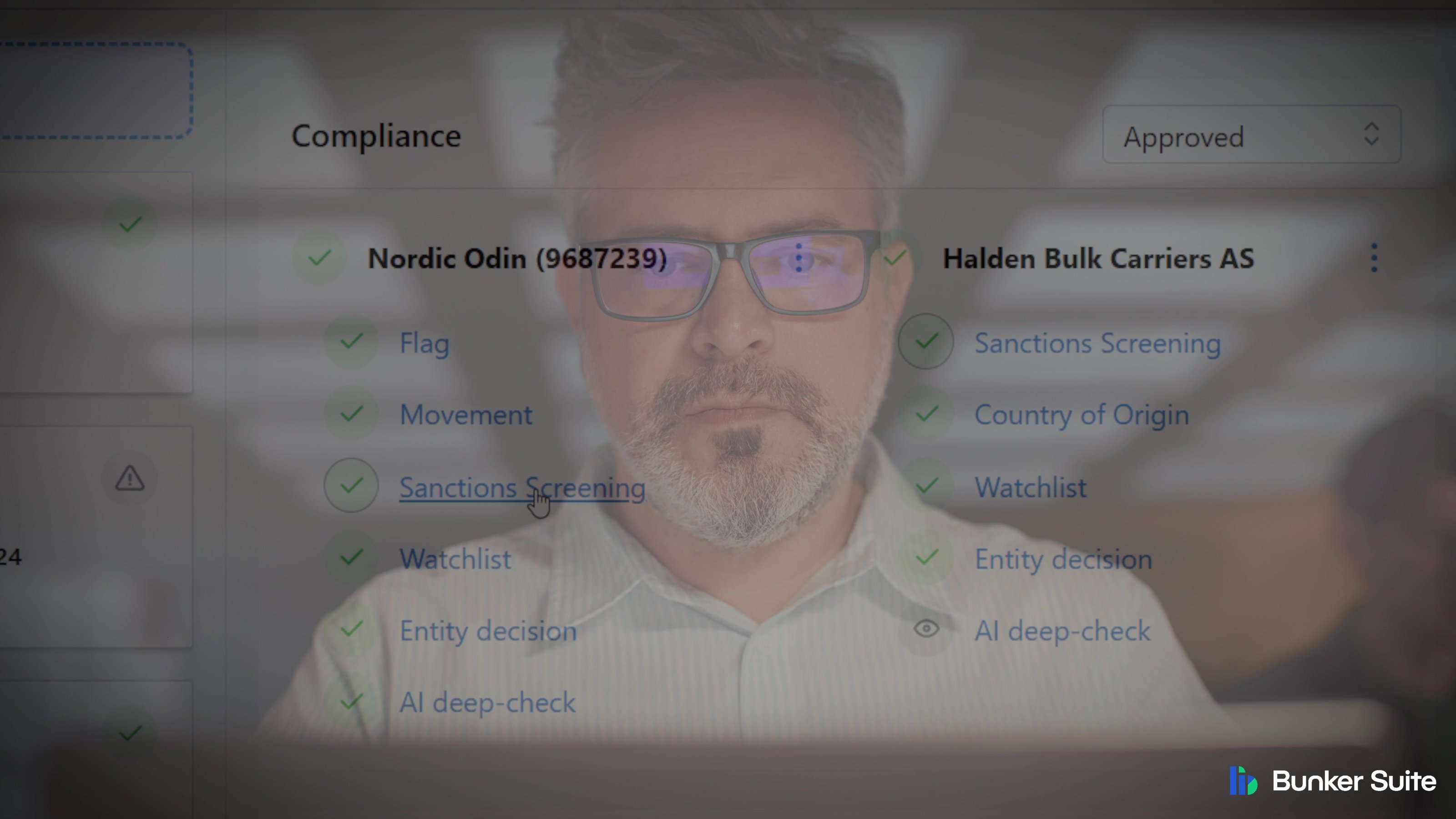 A trader reviewing compliance checks on a vessel and its owner, including sanctions screening