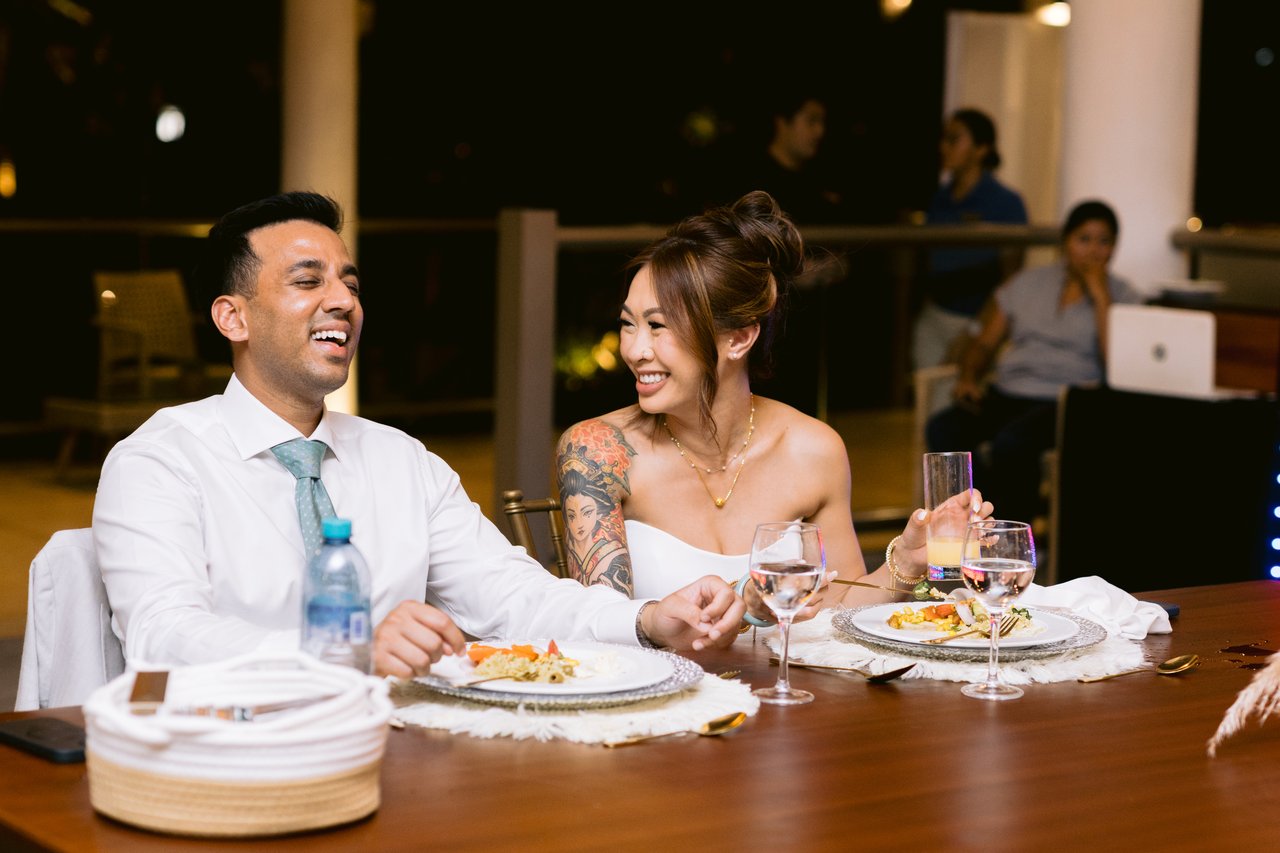 Dinner, mid-laugh