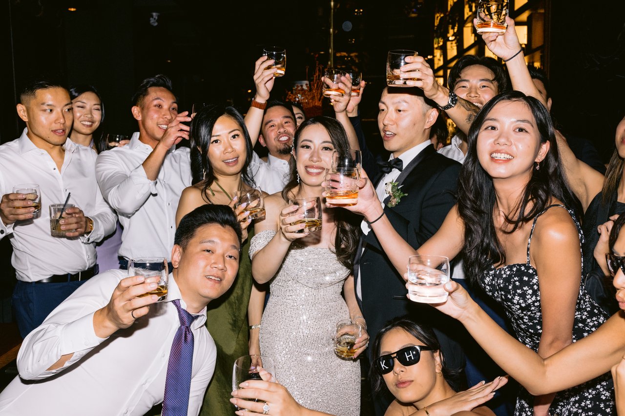The whole party, drinks up