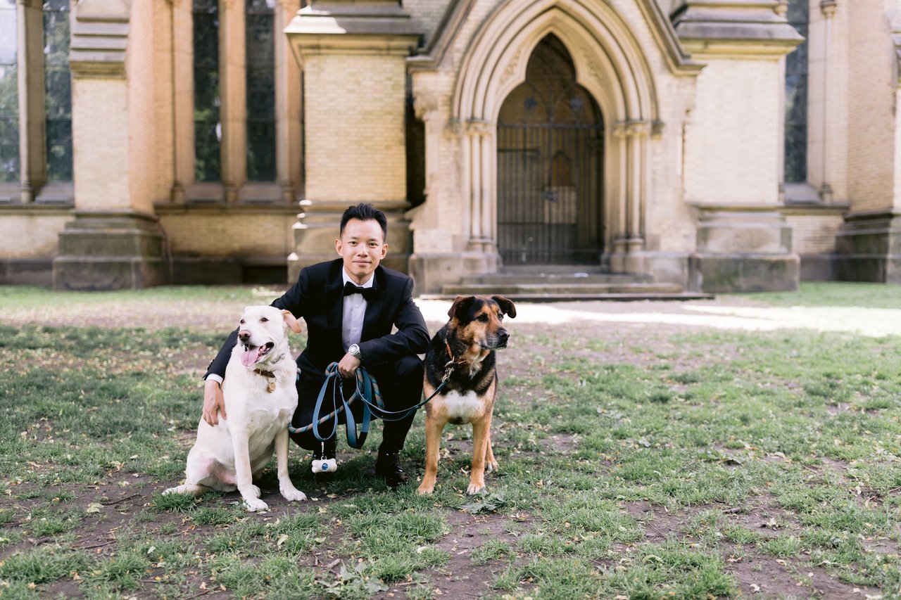 Terrence and the two dogs on the cathedral lawn