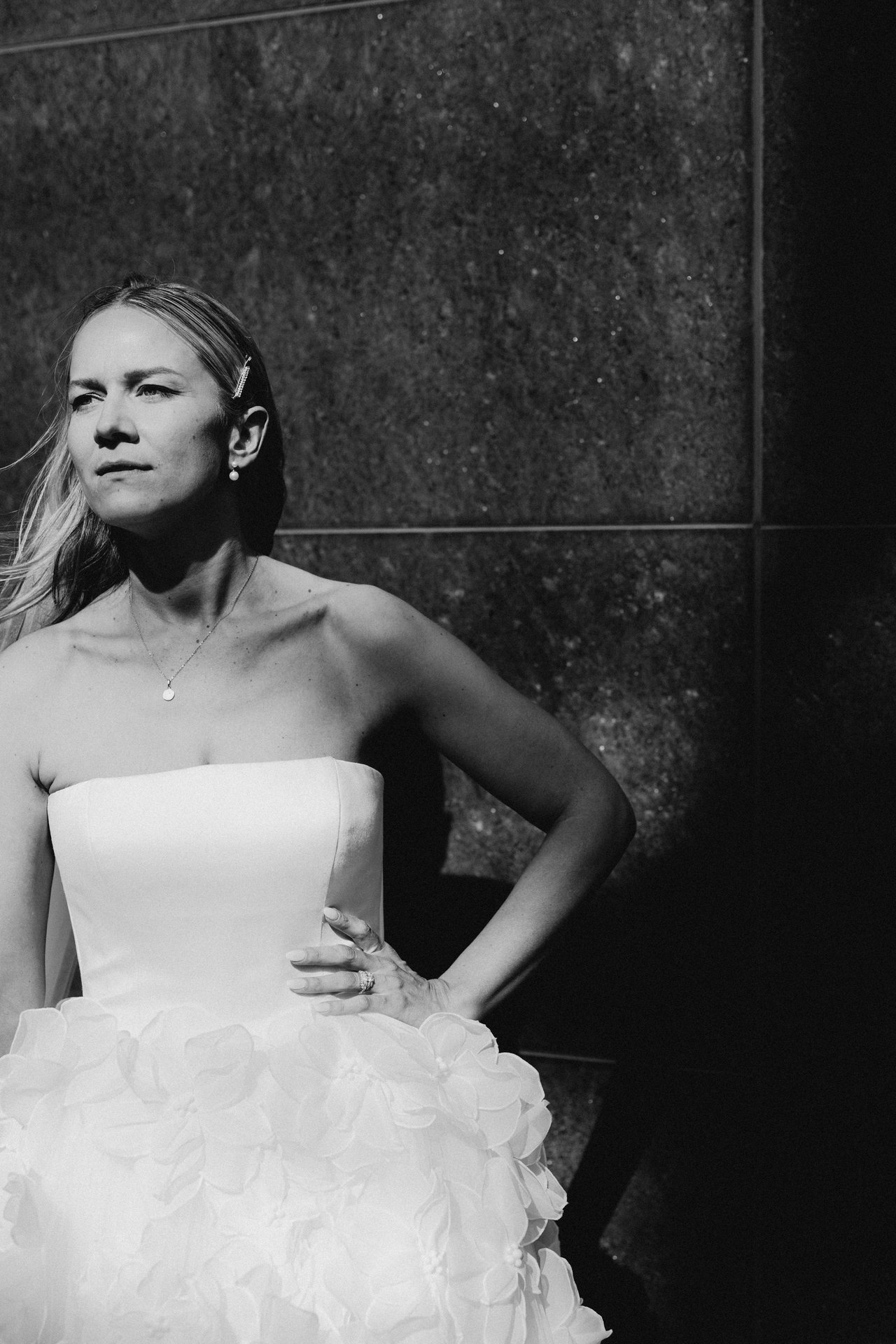Magda against the wall, in black and white