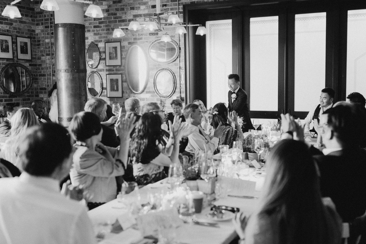 The room at dinner, in black and white