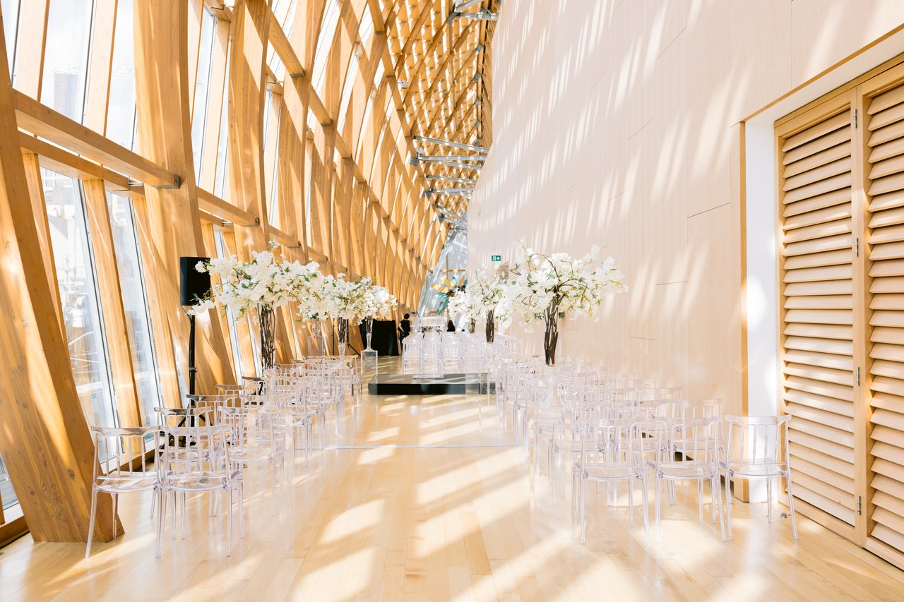 The Galleria Italia set for the ceremony, light through the wood