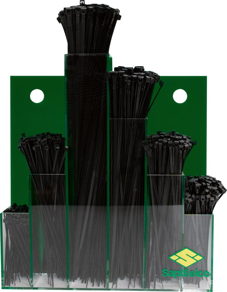 Imagen de SURTIDO DE BRIDAS PARA CABLES 600 PIEZAS EN EXPOSITOR MURAL NEGRO SAPISELCO