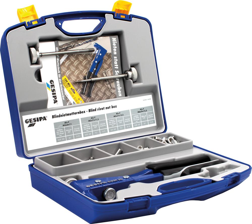 Imagen de CAJA DE TUERCAS DE REMACHE CIEGO C/ PISTOLA P/ TUERCAS REMACHE CIEGO GBM 10 M4-M6 195 PZAS