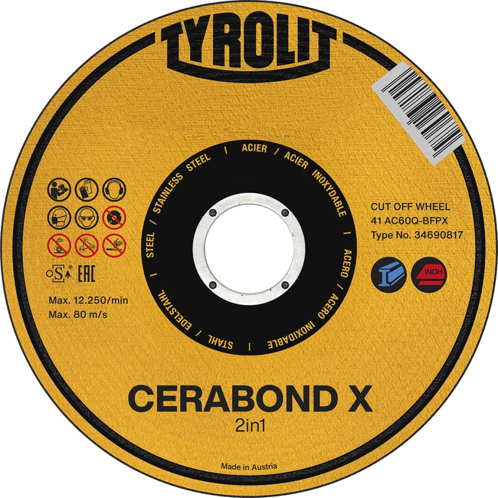 Imagen de DISCO DE CORTE CERABOND X115 X 1,6MM, RECTO ACERO+INOX TYROLIT