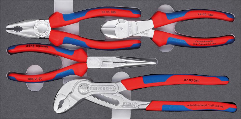Imagen de JGO ALICATES BASIC CROMADO C/ REVESTIMIENTO INTERIOR ESPUMA 4 PZAS KNIPEX