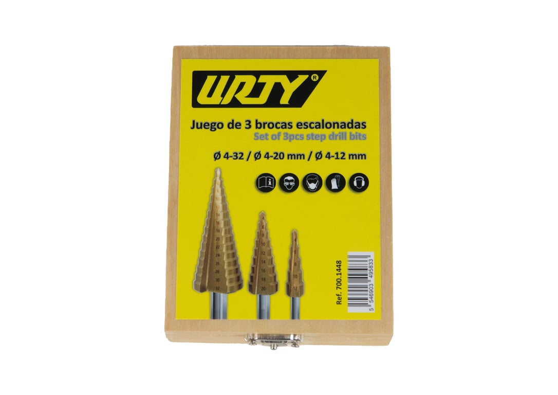 Imagen del producto Juego de 3 Brocas Escalonadas para Metal HSS Titanio + Estuche de Madera