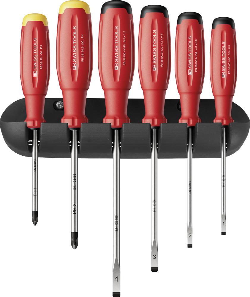 Imagen de JUEGO DESTORNILLADORES 6 PIEZAS PLANO PH EN SOPORTE MURAL SWISSGRIP EVO PB SWISS