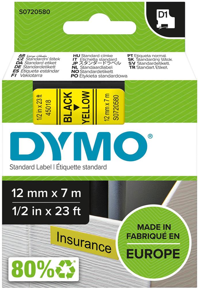 Imagen de CINTA ESCRITURA D1 45018 NEGRO/AMARILLO 12MMX7M DYMO