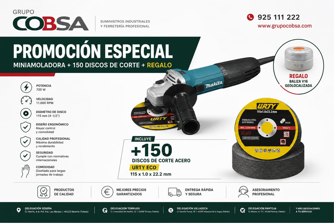 Imagen del producto AMOLADORA 115 MM MAKITA + 150 DISCOS 115 X 1 MM Y BALIZA V16