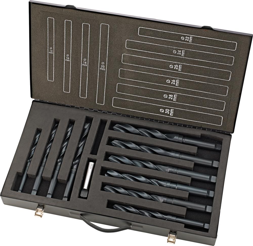 Imagen del producto Jgo broca espiral DIN345 HSS, forja por laminación14-30mm, 2mm paso + 25mm Maletín de metal FORTIS