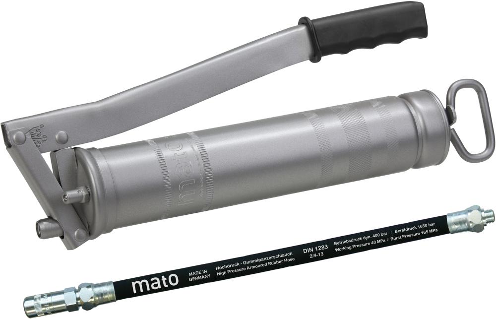 Imagen del producto Pistola de engrase de acero E500 con manguera M10x1 400g cartucho/500g a granel MATO