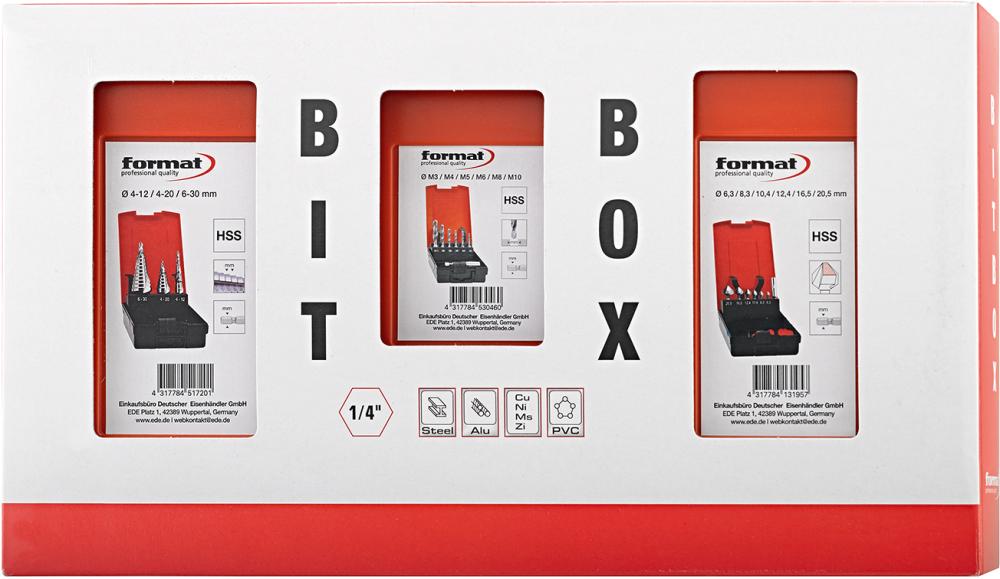 Imagen de JUEGO PARA MECANIZADO DE METALES "BIT BOX"1/4" STB+ AVELLANADOR+BROCA COMBI 15 PZAS, HSS FORMAT