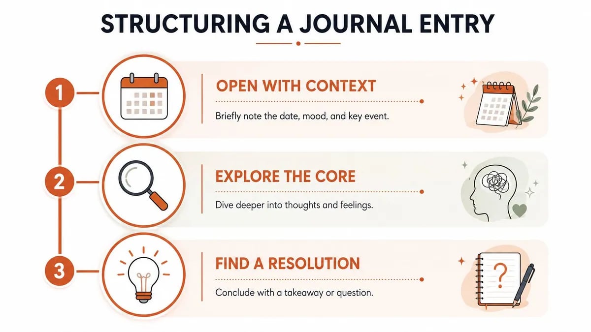 An infographic titled Structuring a Journal Entry showing three numbered steps with icons and explanatory text.
