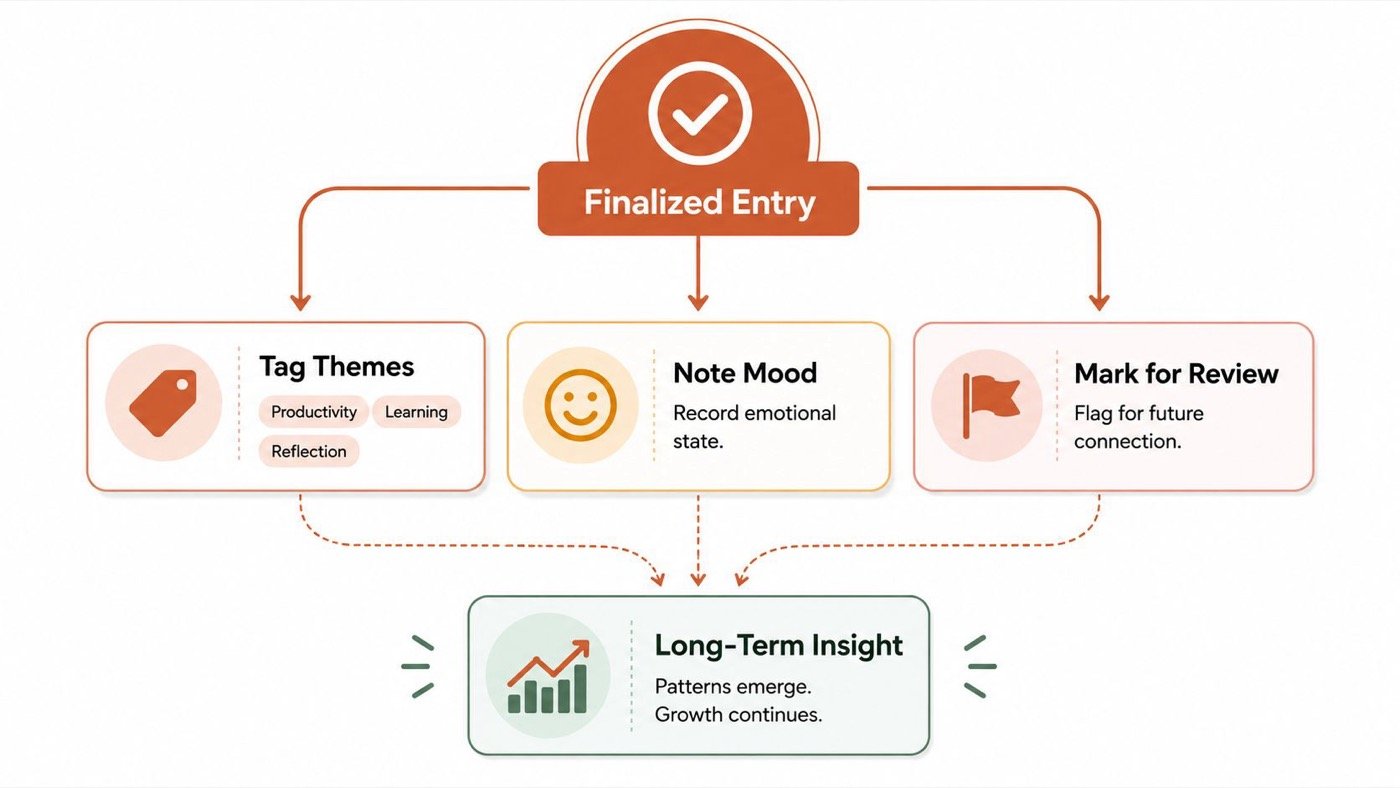 A diagram illustrating the workflow of a finalized journal entry leading to long-term personal growth insights.