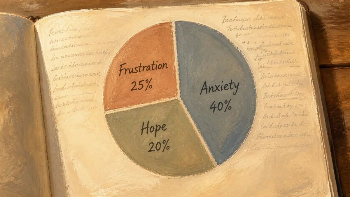 A hand-painted illustration of a pie chart showing percentages for frustration, anxiety, and hope in a book.