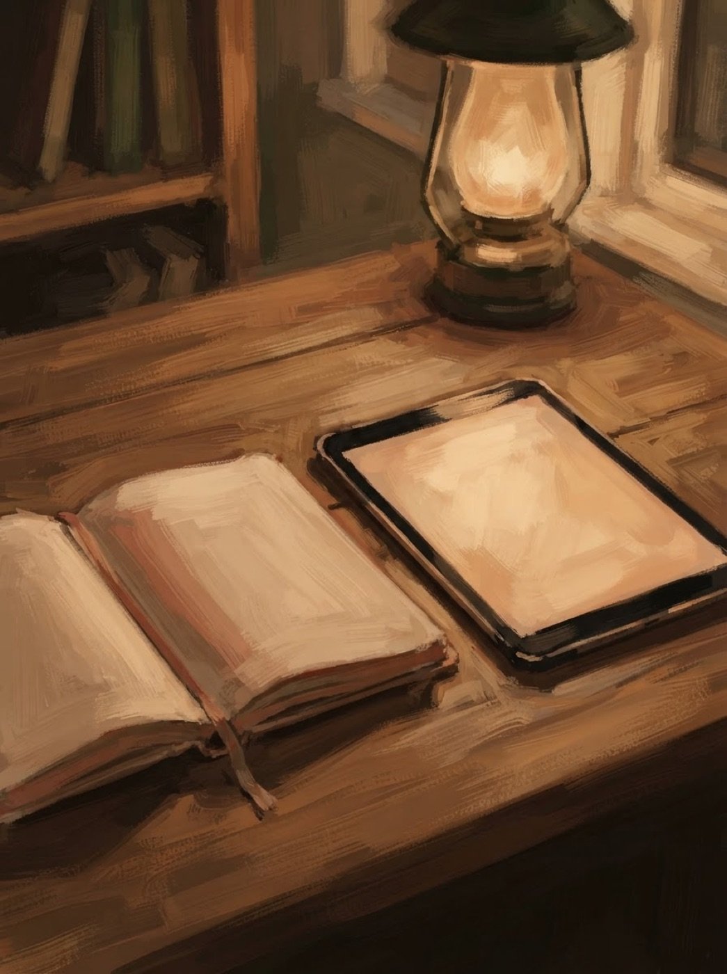 Cuaderno manuscrito y tableta conviviendo sobre un escritorio de madera bajo una lampara