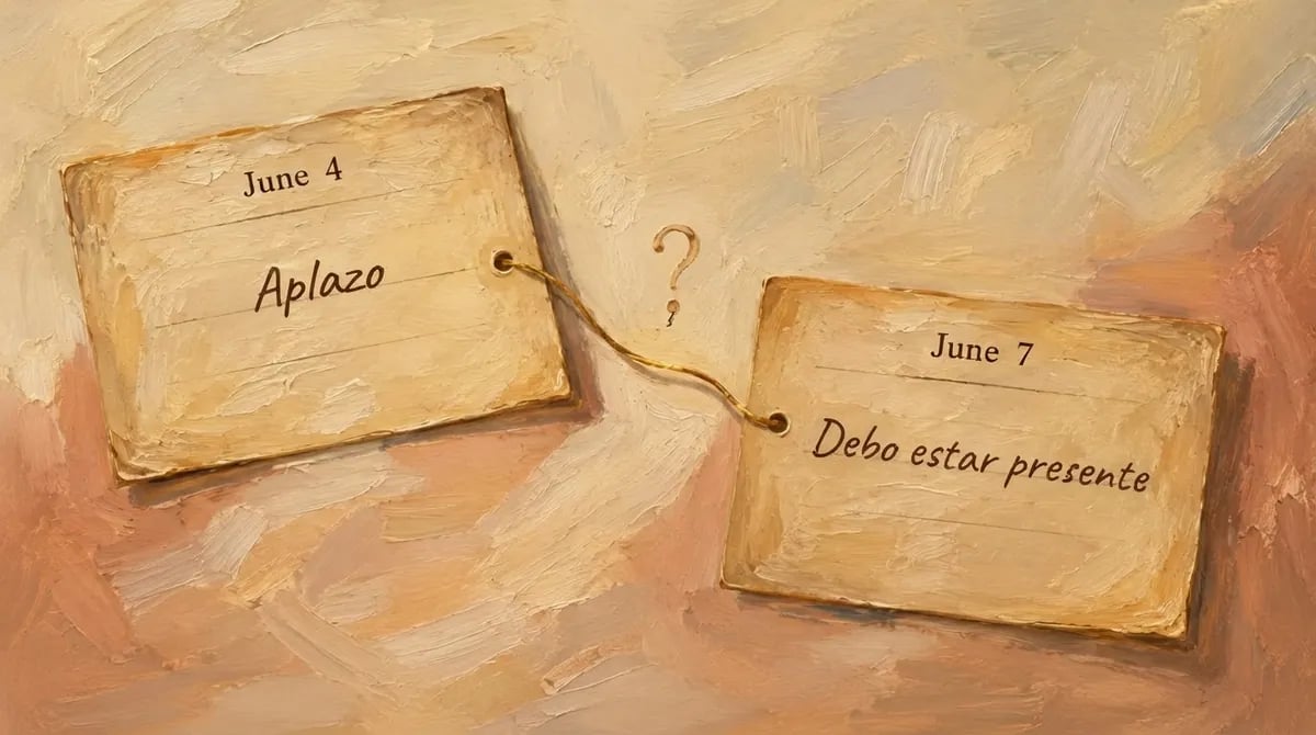 Una pintura conceptual con dos etiquetas de papel, fechadas el 4 de junio y el 7 de junio, con texto escrito a mano.