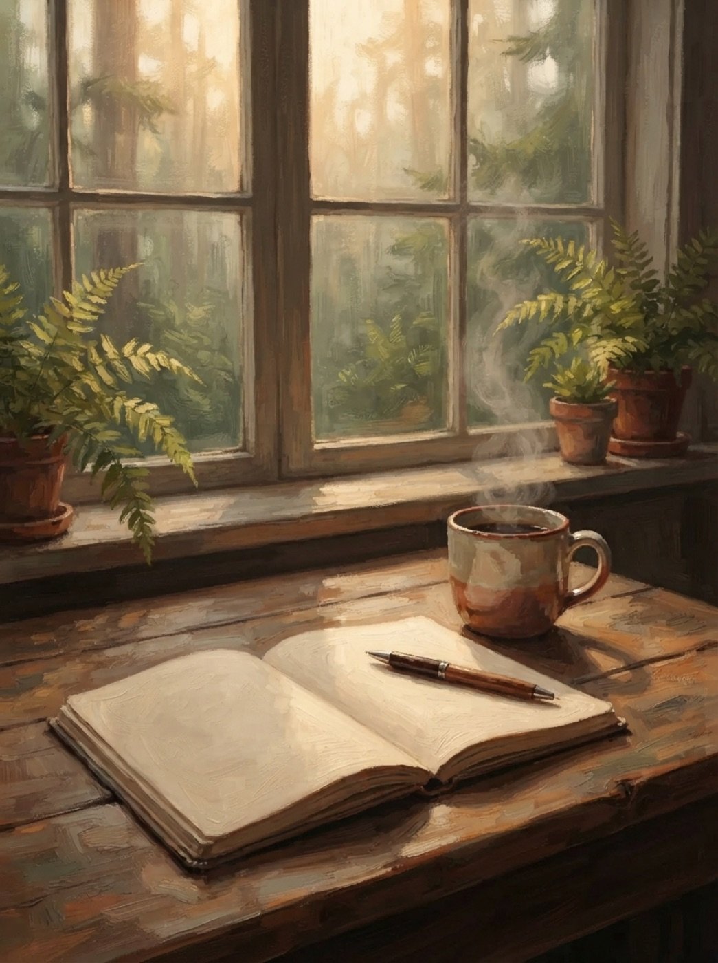 Cuaderno en blanco con pluma y cafe humeante junto a una ventana al bosque