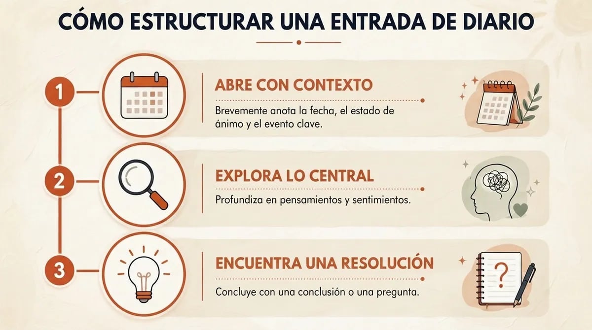 Infografía titulada Cómo estructurar una entrada de diario, con tres pasos numerados, íconos y texto explicativo.
