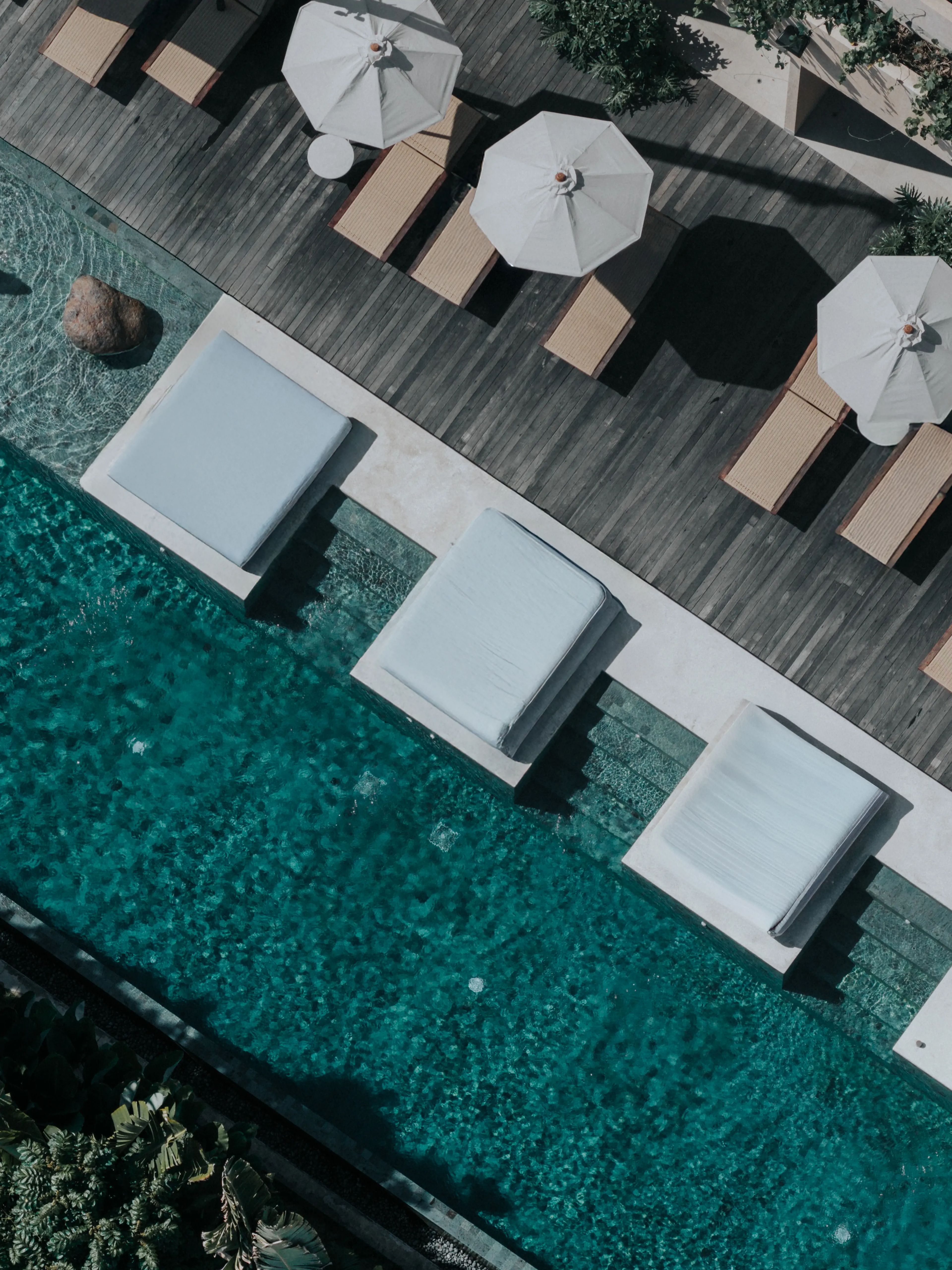 Aerial view of luxury resort pool surrounded by tropical gardens