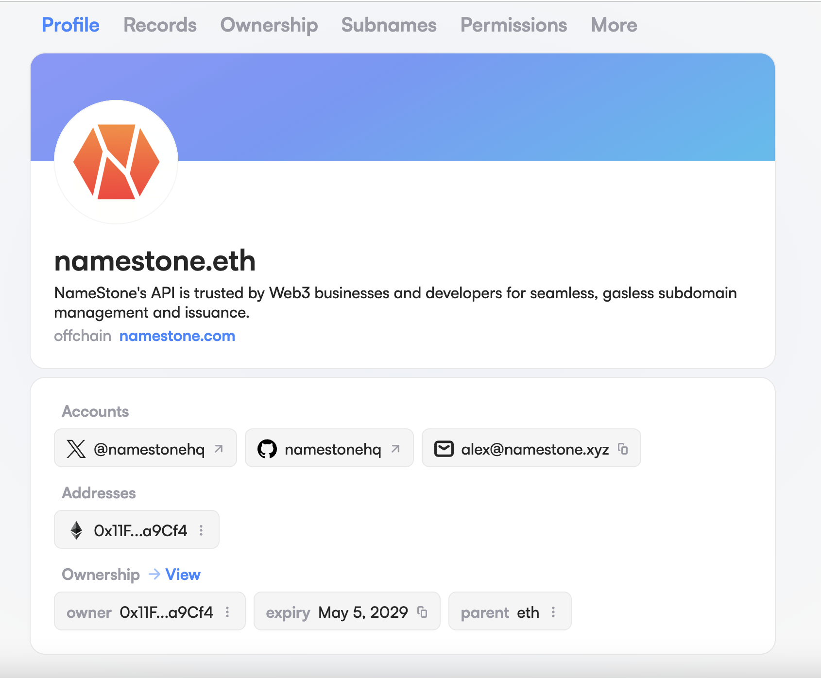 An example of a NameStone managed name on the ENS app
