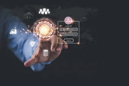 person pointing at glass technology screen investigating scam