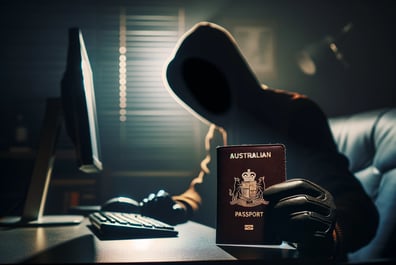 sitting at computer committing cyber fraud via identity theft of an Australian passport