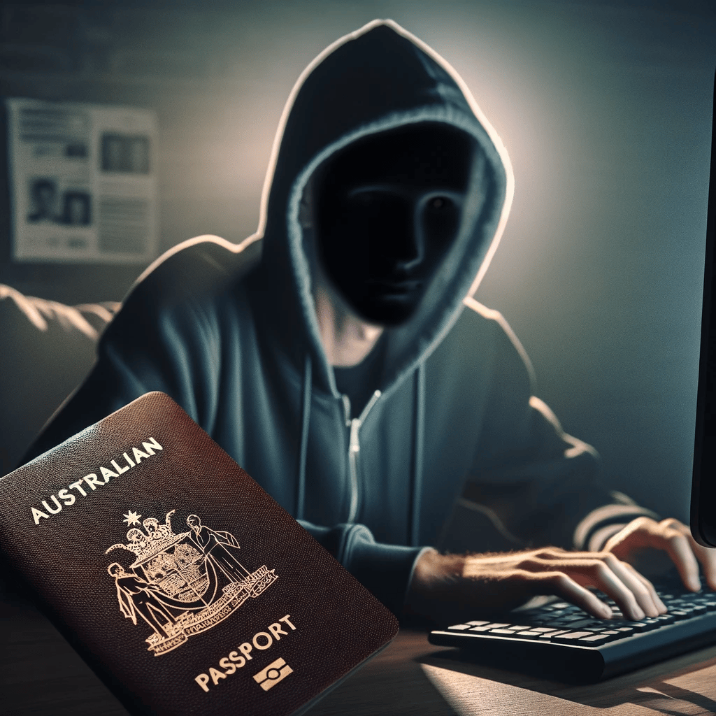 A hacker sitting at a pc using a stolen Australian passport. Hack and pig butchering related.